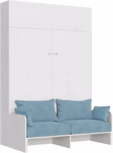 Letto matrimoniale a scomparsa Kentaro con divano e pensile, Bianco Frassino e Azzurro