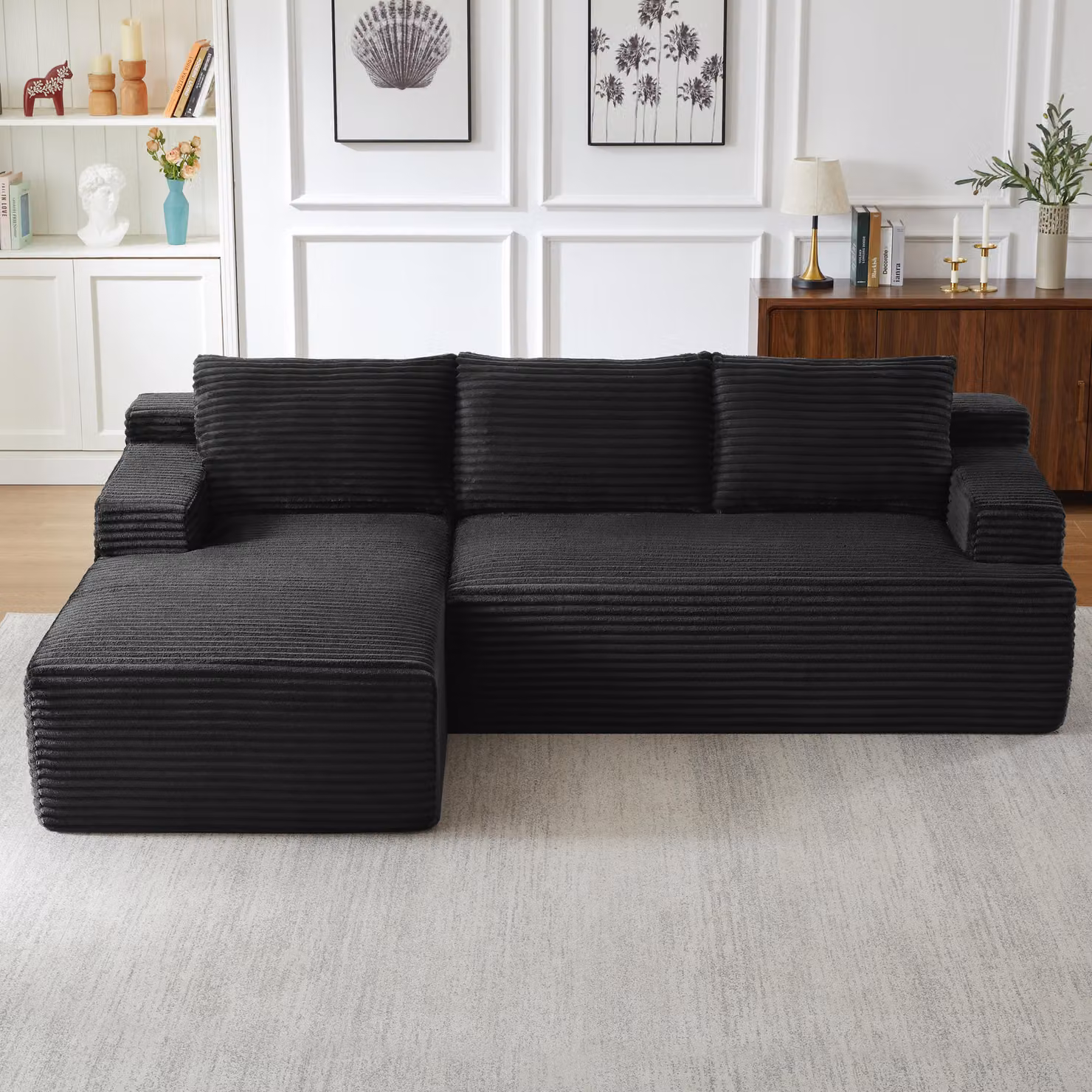 Divano ad angolo, modello L, divano letto modulare dal design moderno, con seduta profonda, imbottitura in schiuma e molle insacchettate, rivestito in tessuto corduroy, senza necessità di montaggio