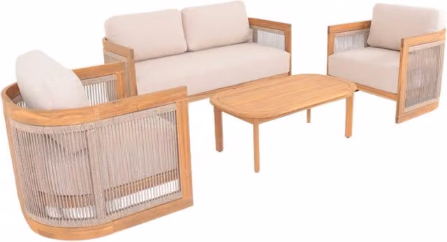 Set da giardino Sweeek in legno di acacia con cuscini, composto da divano 2 posti, poltrona lounge e tavolino da caffè, marrone e beige