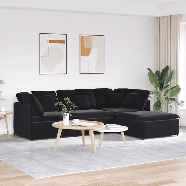 Divano Modulare con Poggiapiedi e Cuscini in Velluto Nero 3321314