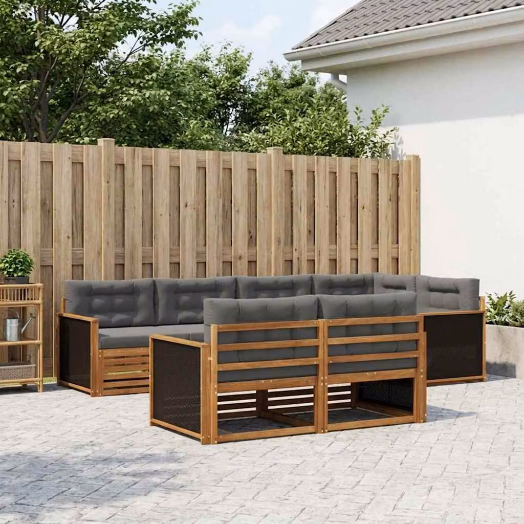 vidaXL Set di divani da esterno a L in legno di acacia con cuscini, 7 pezzi, Beige e Antracite