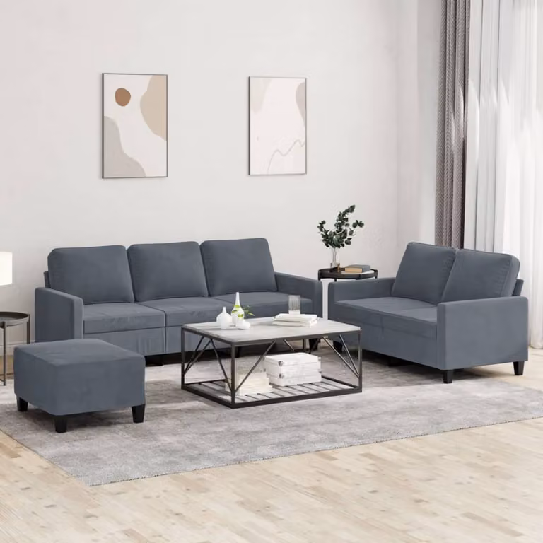 Set di divani vidaXL 3 pezzi in velluto grigio con pouf e cuscini per soggiorno