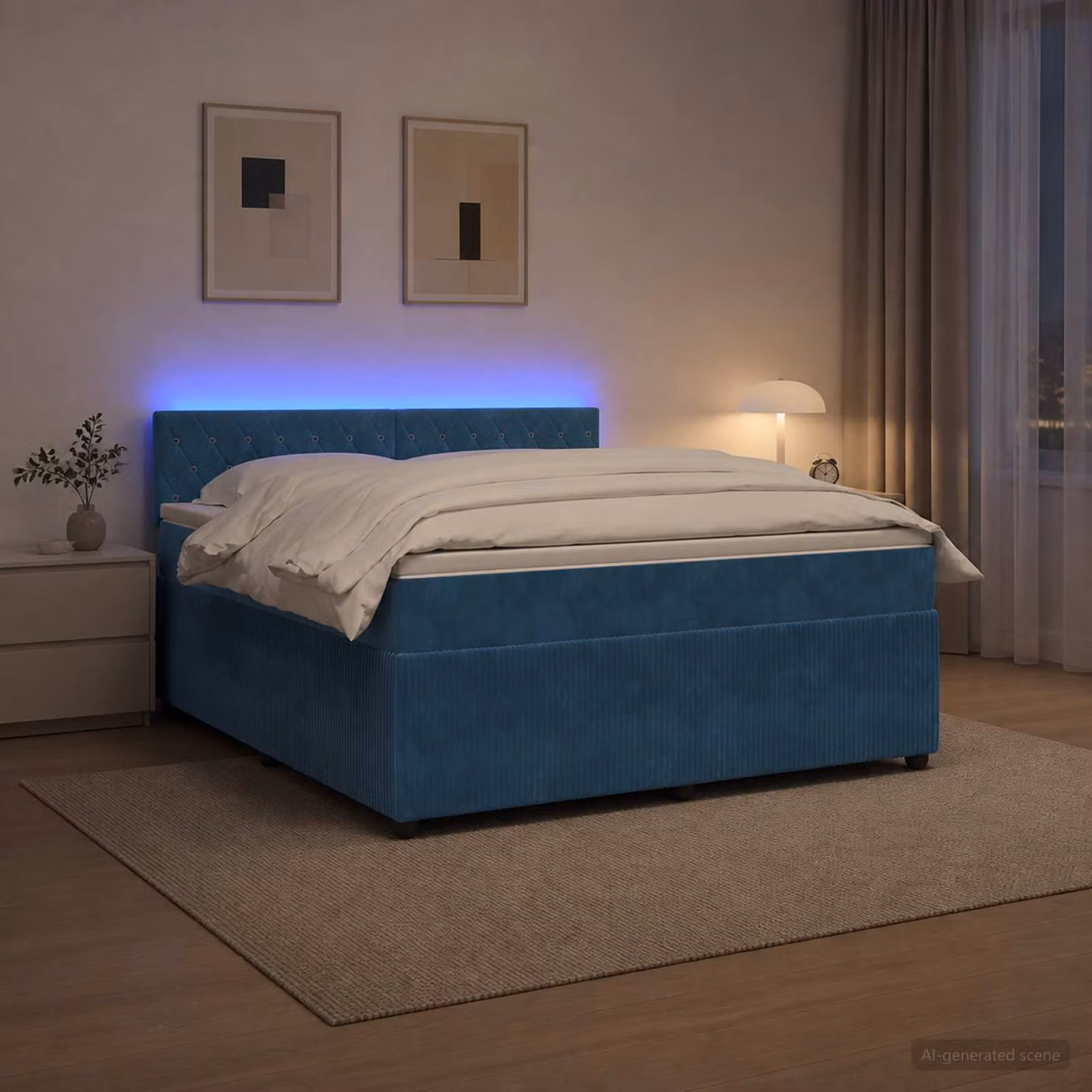 Letto box spring vidaXL in velluto blu con materasso ibrido e porte USB L: 140 cm, P: 190 cm
