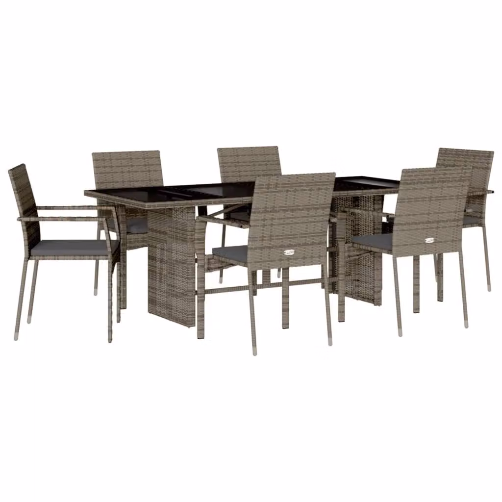 Set da Pranzo da Giardino 7 pz con Cuscini in Polyrattan Grigio