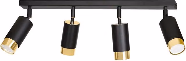 Plafoniera Luceart-Classic con 4 faretti orientabili a cilindro in acciaio nero e oro