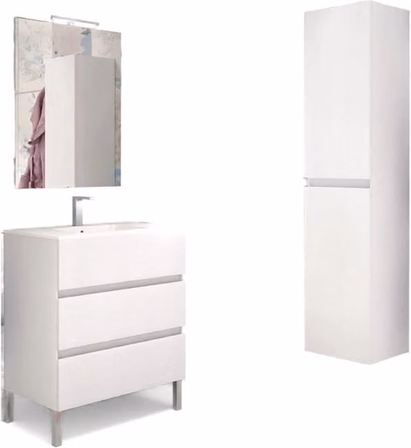 Mobile da bagno moderno GIORDANOSHOP Bali Light con lavabo e specchio con illuminazione LED, Bianco Frassino, L: 100 cm