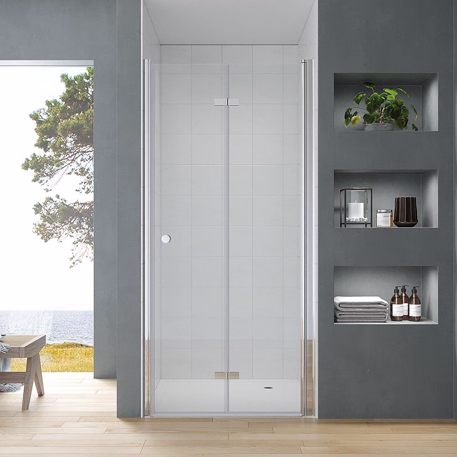 Box doccia Porta pieghevole Porta per nicchia Porta doccia Parete doccia Vetro 5 mm Vetro di sicurezza Altezza: 187 cm Larghezza: 120 cm Vetro trasparente Cabina doccia