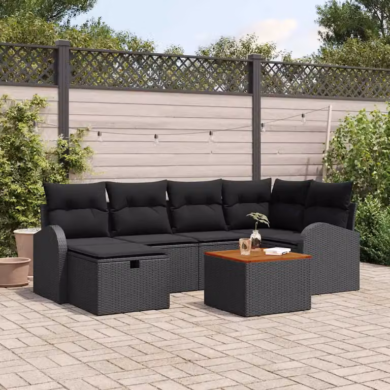 Set Divano da Giardino vidaXL a Forma di L in Polyrattan Nero con Cuscini e Tavolino da 7 Pezzi