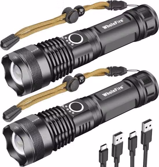Set di 2 Lanterne LED Portatili in Alluminio Nero con Carica USB per Emergenza e Giardino