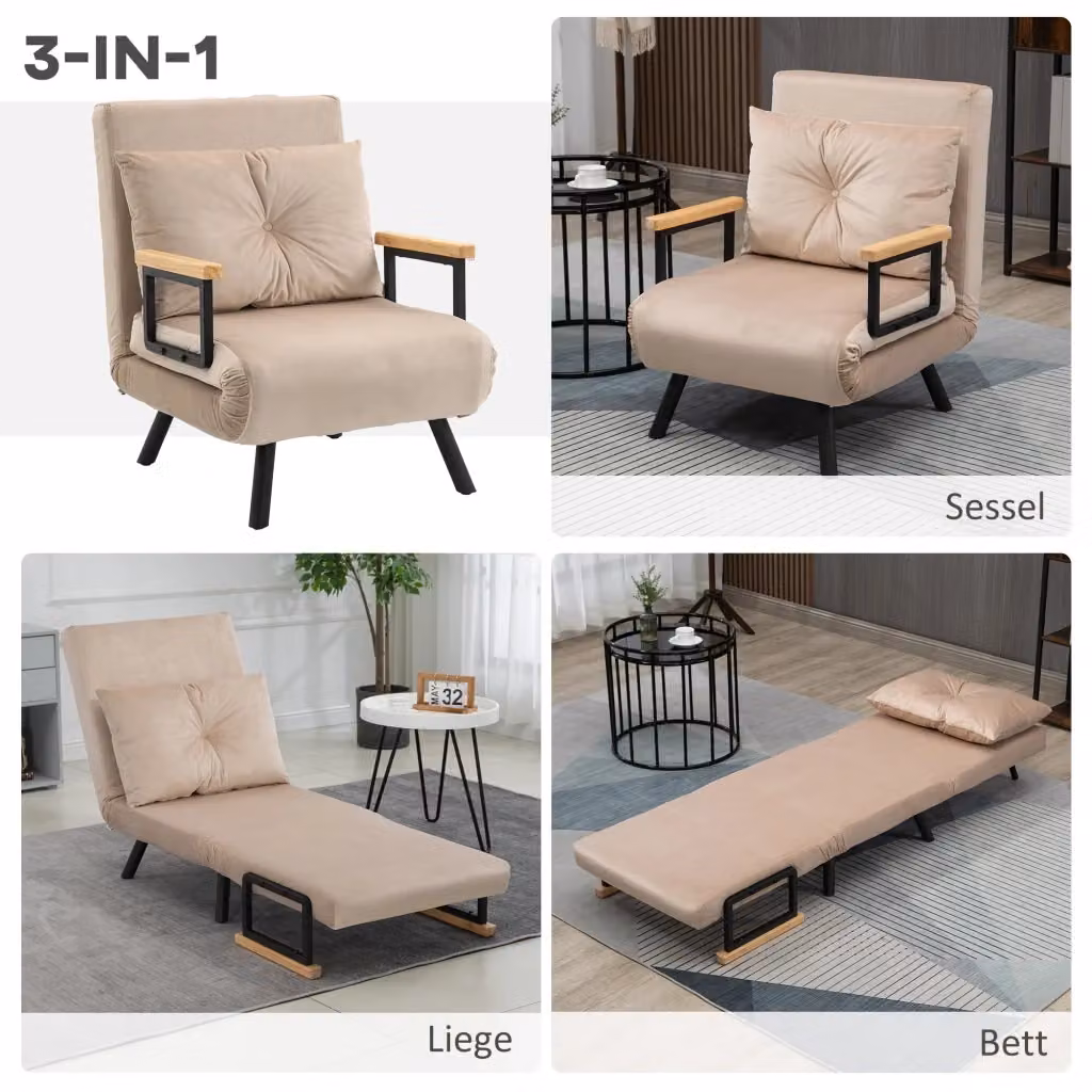Poltrona letto pieghevole REDOM in velluto beige con struttura in metallo e legno, L: 63 cm, P: 73 cm, H: 81 cm – 2