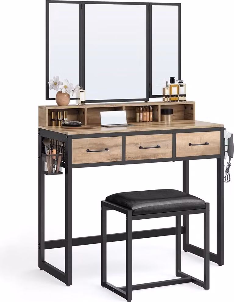 VASAGLE, tavolino da toilette con sgabello imbottito, tavolino da toilette con triplo specchio, 3 cassetti, porta asciugacapelli, tavolino per cosmetici, stile industriale, rovere marrone-