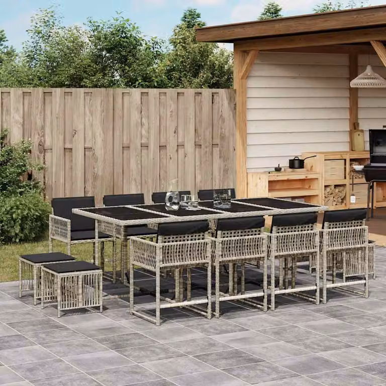 Set da pranzo da giardino vidaXL in polyrattan con cuscini e tavolo in vetro, 13 pezzi, grigio antracite