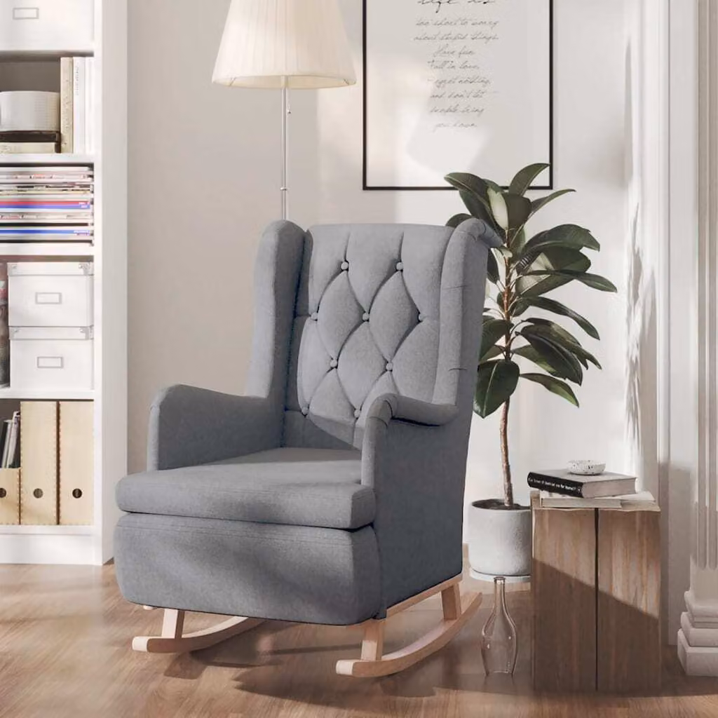 The Living Store Poltrona a dondolo con gambe in legno di gomma Tessuto grigio chiaro