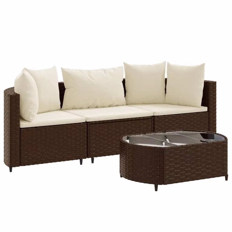 Set Divano da Giardino 4 pz con Cuscini Marrone in Polyrattan