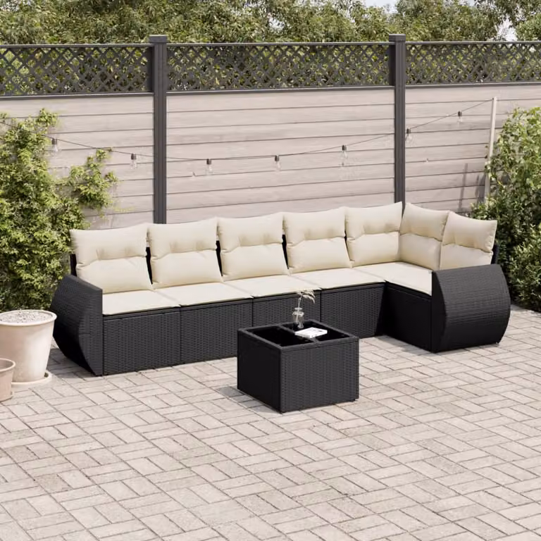 vidaXL Set Divani da Giardino a L con Cuscini 7pz in Polyrattan Nero e Bianco