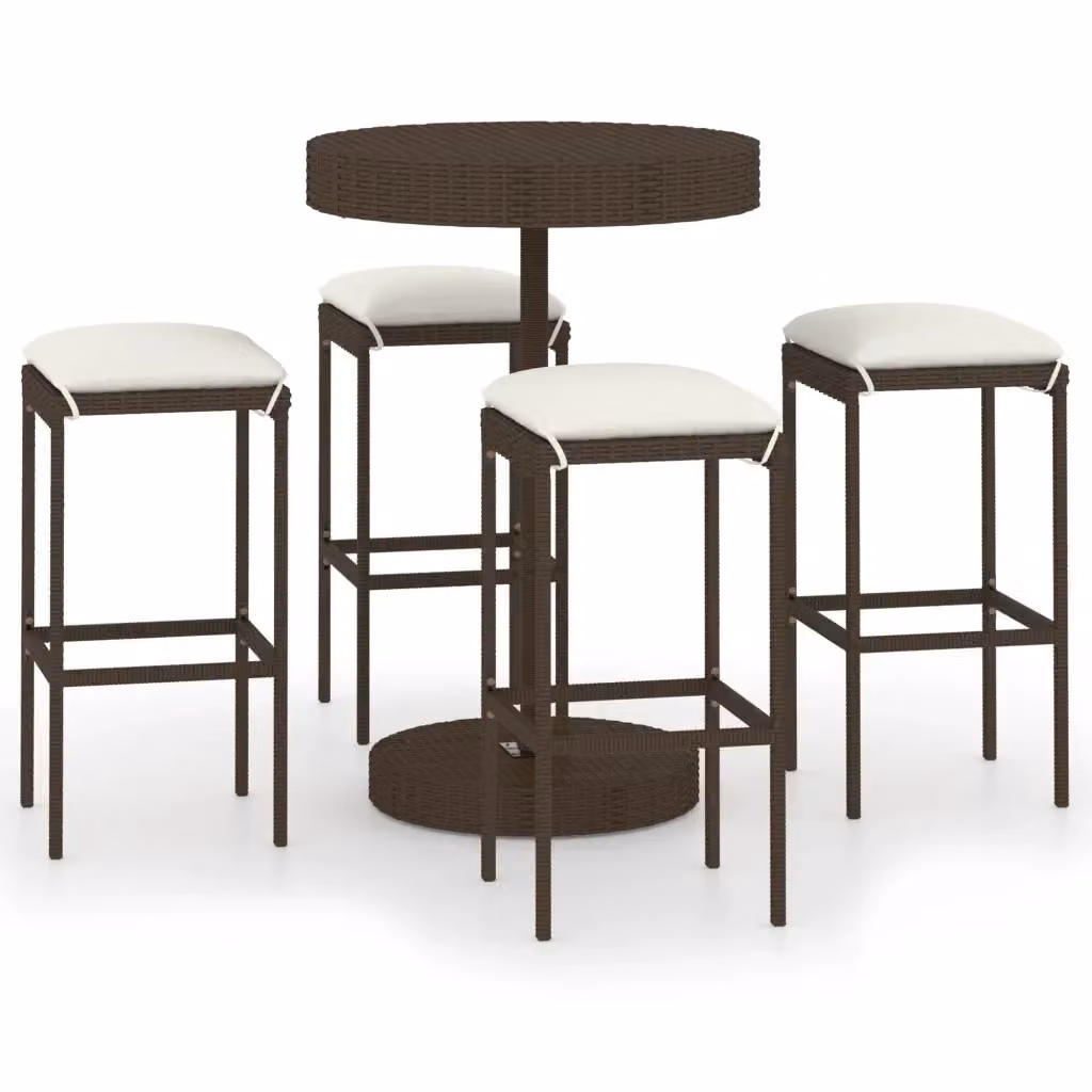 Set da Bar da Giardino vidaXL in Polyrattan Marrone con 5 Cuscini e Tavolo Rotondo – 2
