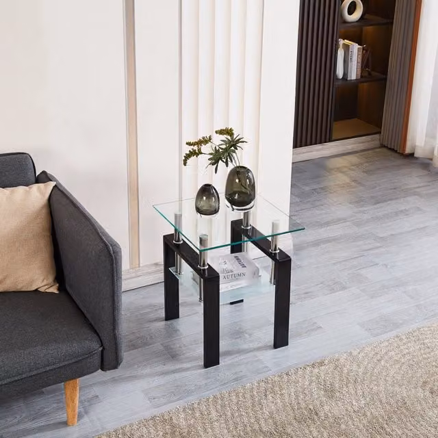 Set di 2 tavolini da salotto impilabili in vetro temperato trasparente con gambe nere, 17.71 × 17.71 × 20.47 pollici