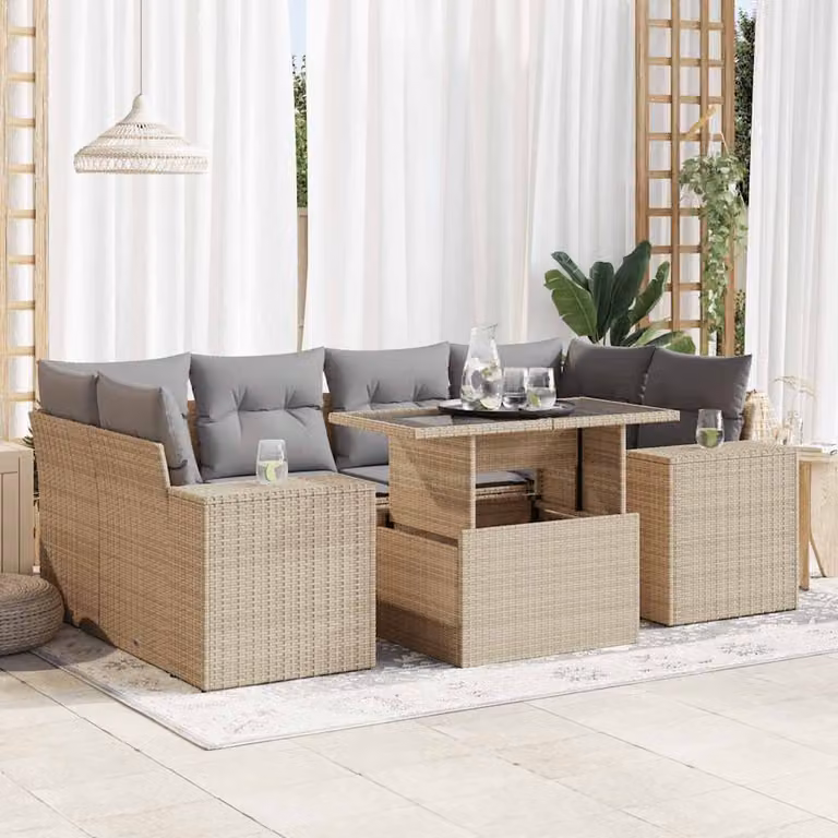 vidaXL Set Divani da Giardino 7 pz in Polyrattan con Cuscini Beige e Grigio e Tavolino da Esterno