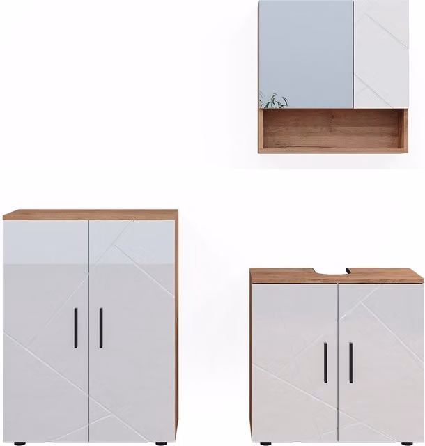 Set di mobili da bagno Irma Bianco lucido/Rovere dorato 3 pezzi Vicco