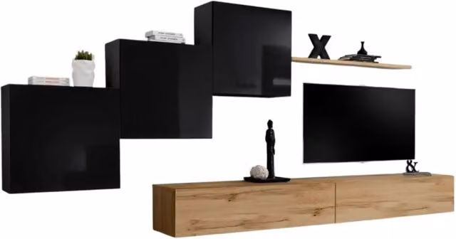 Composizione murale SWITCH X – Mobile TV da parete, cubi sospesi e mensola – Rovere Wotan e nero lucido – Design moderno