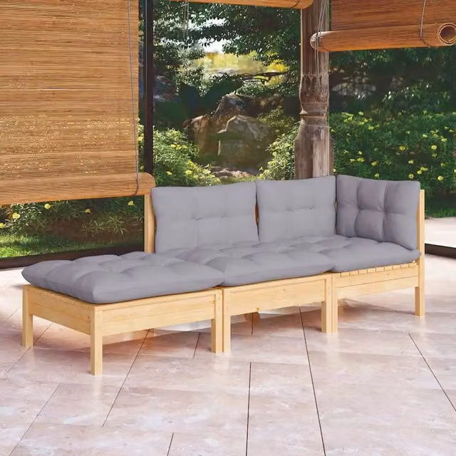 Set Divani da Giardino 3 pz con Cuscini Grigi Massello di Pino