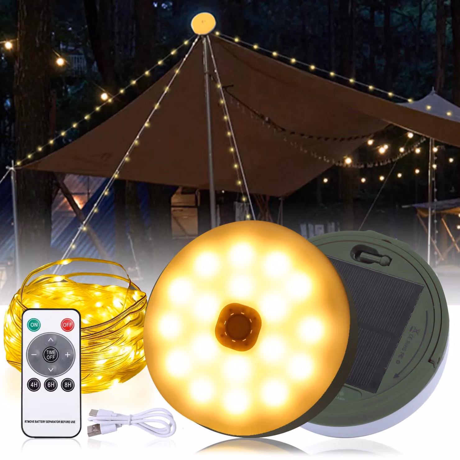 Catena luminosa da campeggio, 12 metri, 150 LED, alimentazione solare + USB, batteria 3600 mAh, grado di protezione IP44, 8 modalità