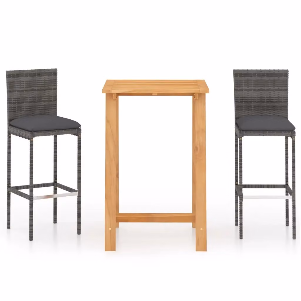 Set Bar da Giardino vidaXL in Polyrattan e Legno di Acacia con Cuscini, 3 Pezzi, Grigio Antracite – 2