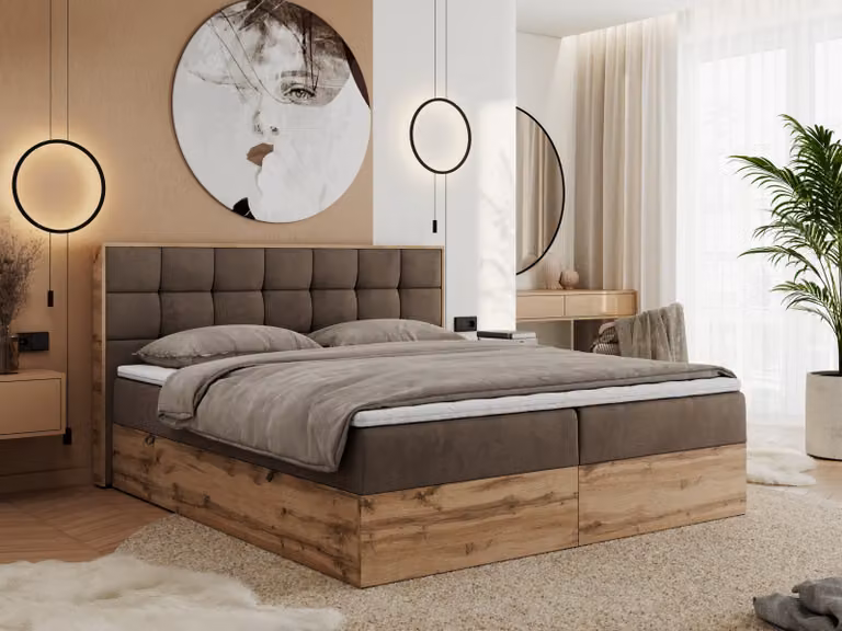 Letto con rete a molle MKS MEBLE, 180x200, con contenitore in legno di quercia. Letto imbottito 180x200 con materasso H3. Letto 180x200 con testiera, legno di quercia "Wotan" - 180x200 - Velluto marrone - Albero-1