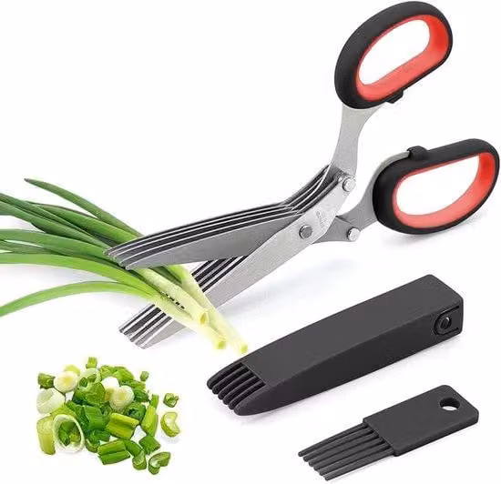 Forbici da cucina e per erbe Ibbenzoa®, con lame in acciaio inossidabile a 5 strati – 19,5×11,2×2 cm, incluse spazzola per la pulizia 6,9×3×2,3 cm e custodia 10,8×2,3 cm