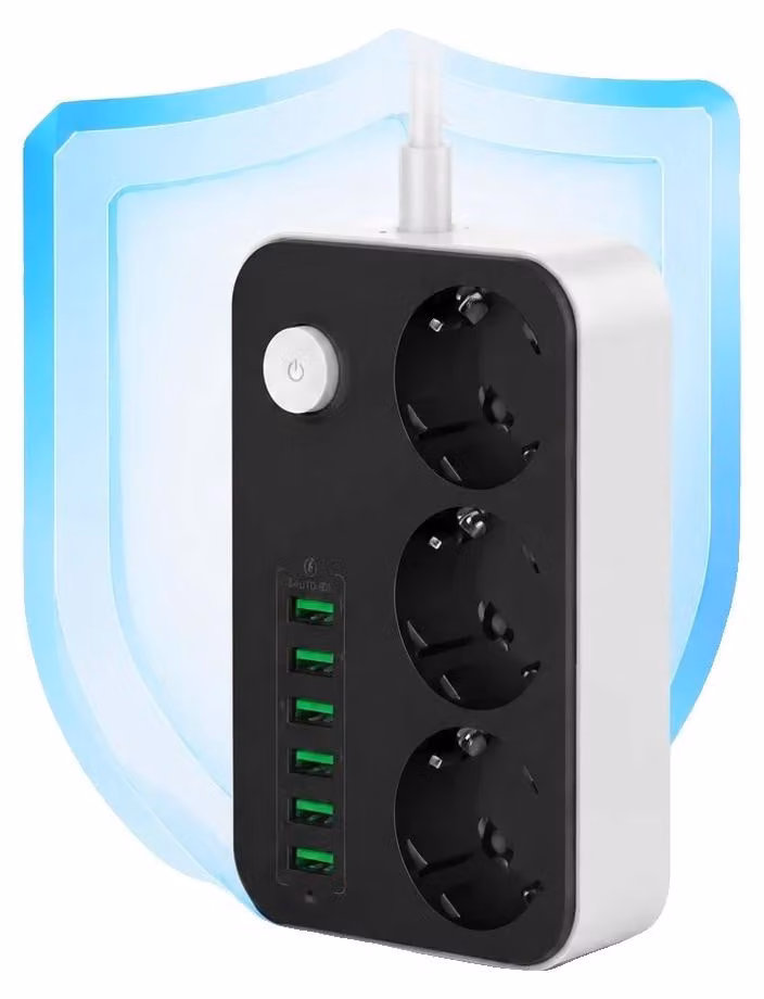 Ciabatta multipresa, 3 prese AC, 6 porte USB intelligenti, potenza massima di 2500W, cavo di alimentazione da 2 metri, protezione da sovratensione