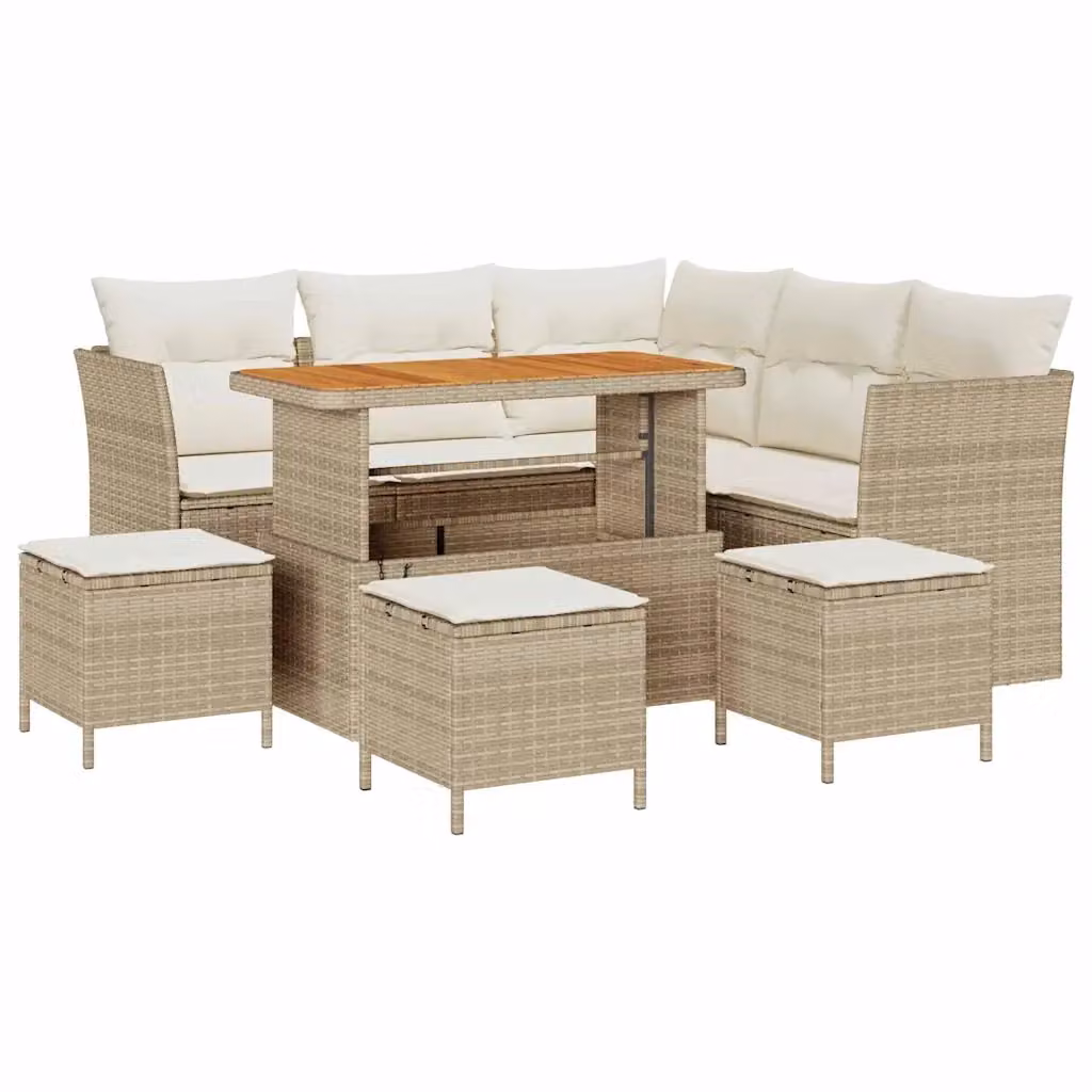 Set Divano da Giardino vidaXL a L con 9 Pezzi, 5 Posti, Beige e Crema con Tavolino e Cuscini – 2