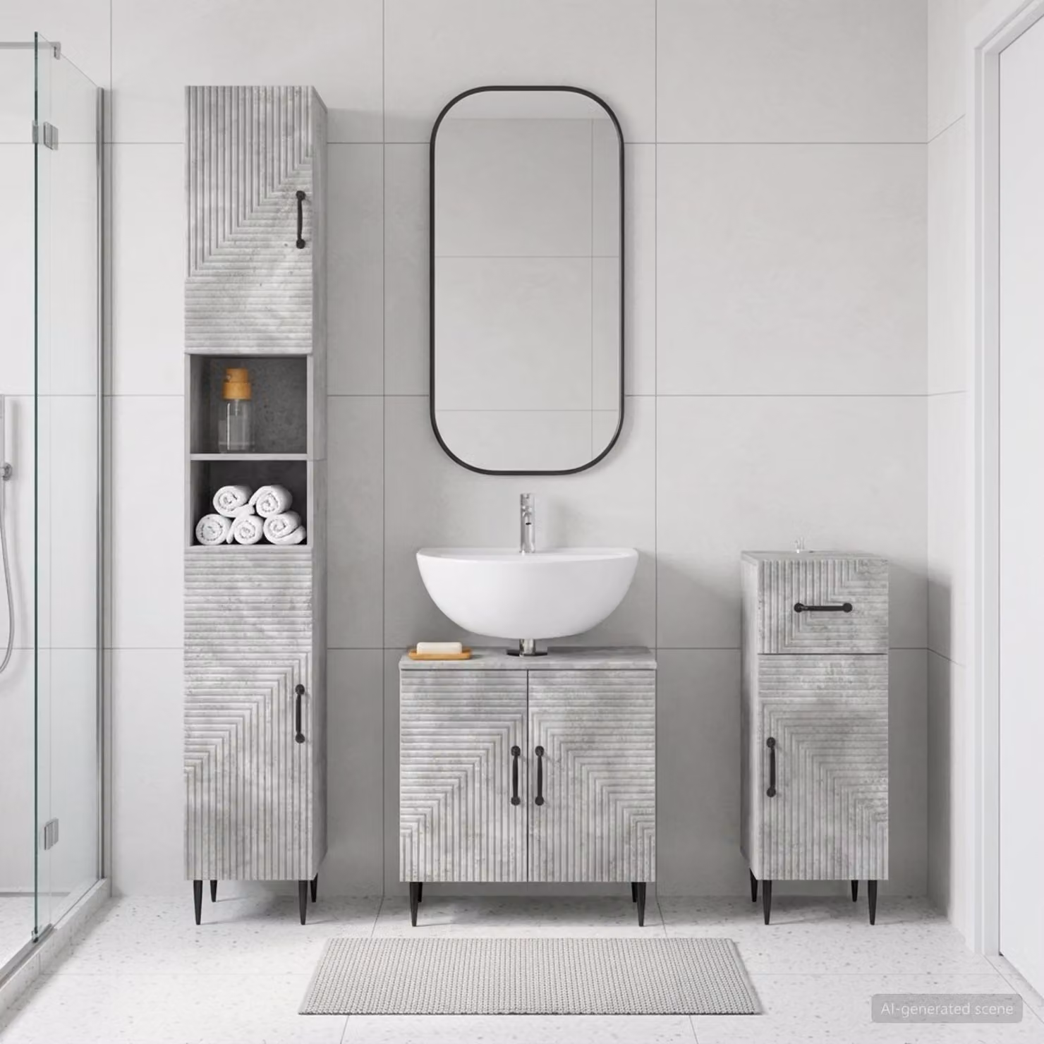 Set di armadietti da bagno moderni vidaXL HAARLEM in 3 pezzi, Grigio Cemento, L/P/H: 47.88 x 30.0 x 190.0 cm, 31.0 x 30.0 x 76.70 cm e 31.0 x 30.0 x 47.88 cm