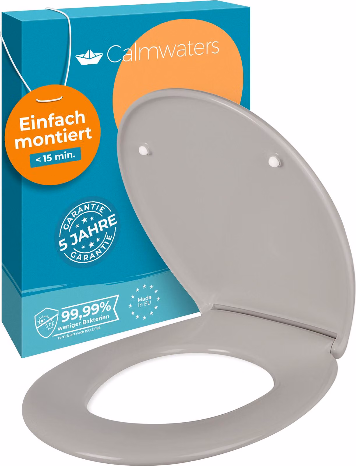 Sedile per WC Calmwaters® Premium di facile installazione, coperchio per WC fino a 250 kg, EU, in duroplast antibatterico, meccanismo soft-close, 2 opzioni di installazione, rimovibile, sedile per WC, ovale, grigio Manhattan