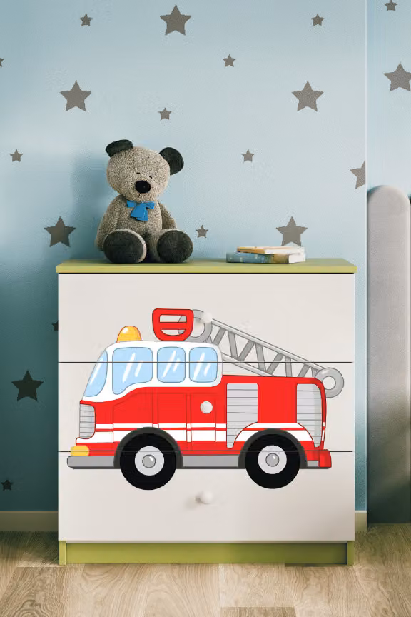 Cassettiera per bambini con estintore a cassetti nel colore verde Babydreams