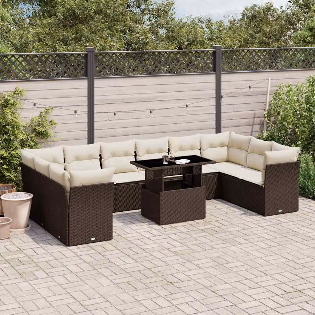 vidaXL Set Divani da Giardino 11 pz in Polyrattan Marrone con Cuscini e Tavolino da Esterno – 1
