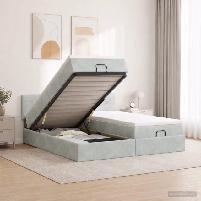 Letto Ottomano con Materasso Ibrido vidaXL in Velluto Grigio e Bianco con Illuminazione LED e Porte USB L/P/H: 160 x 200 x 88 cm