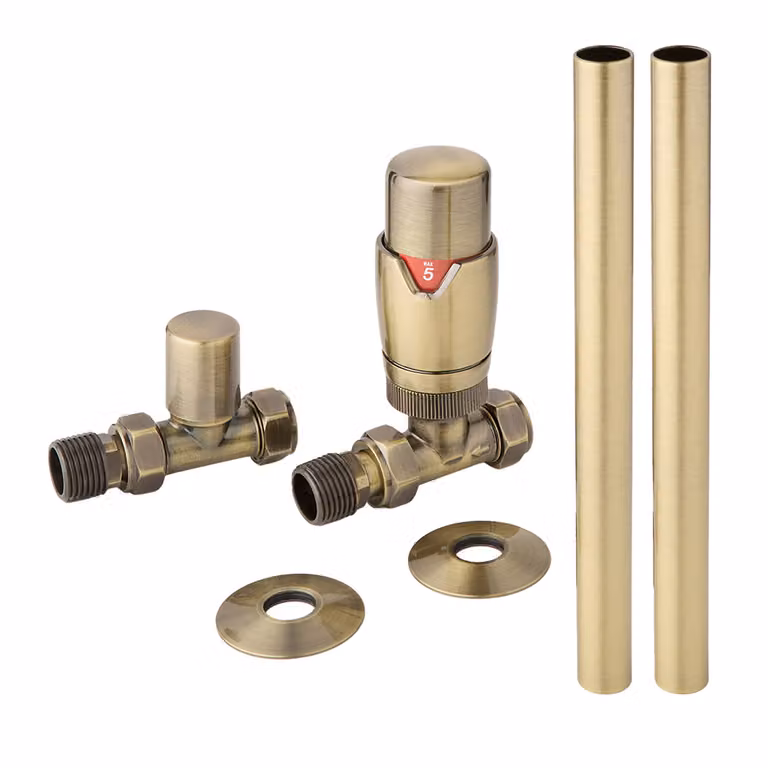 Set Moderno di Tubi e Valvole Termostatiche Diritte per Radiatore - Oro Spazzolato