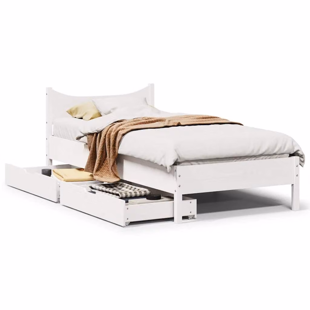 vidaXL Giroletto con Cassetti in Legno Massello di Pino Bianco L: 75 cm, P: 190 cm, H: 80,5 cm