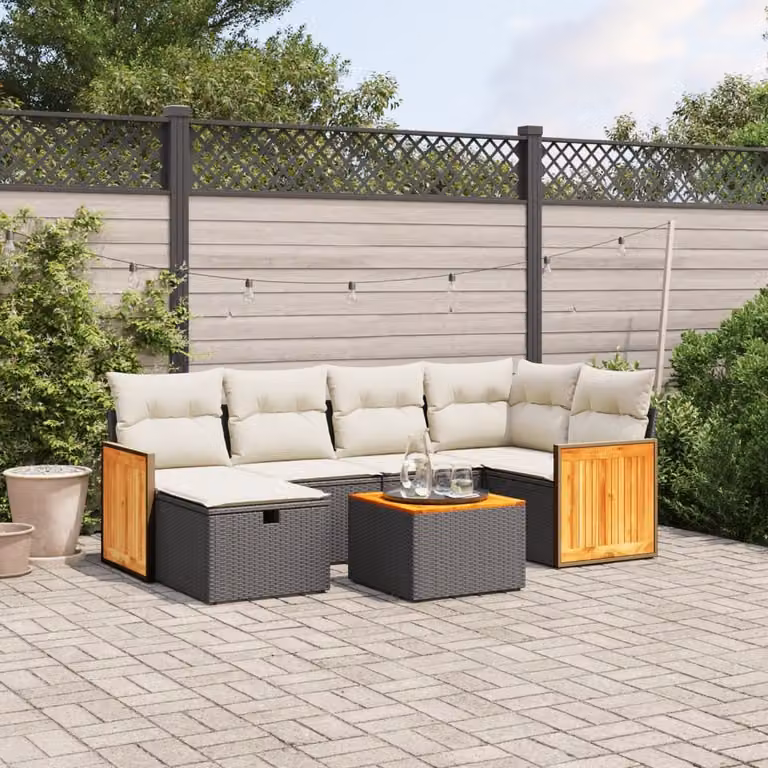 Set Divani da Giardino a L vidaXL con 7 Pezzi, Tavolino e Cuscini, Nero e Bianco