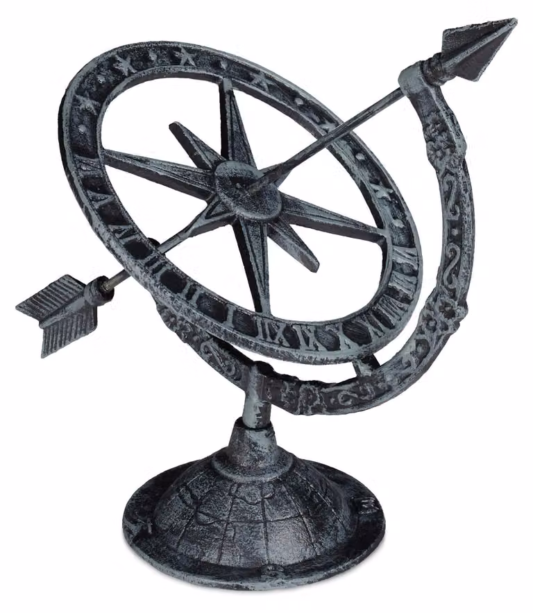 Orologio solare in ghisa, antico, di colore grigio, dimensioni 27x26x18 cm