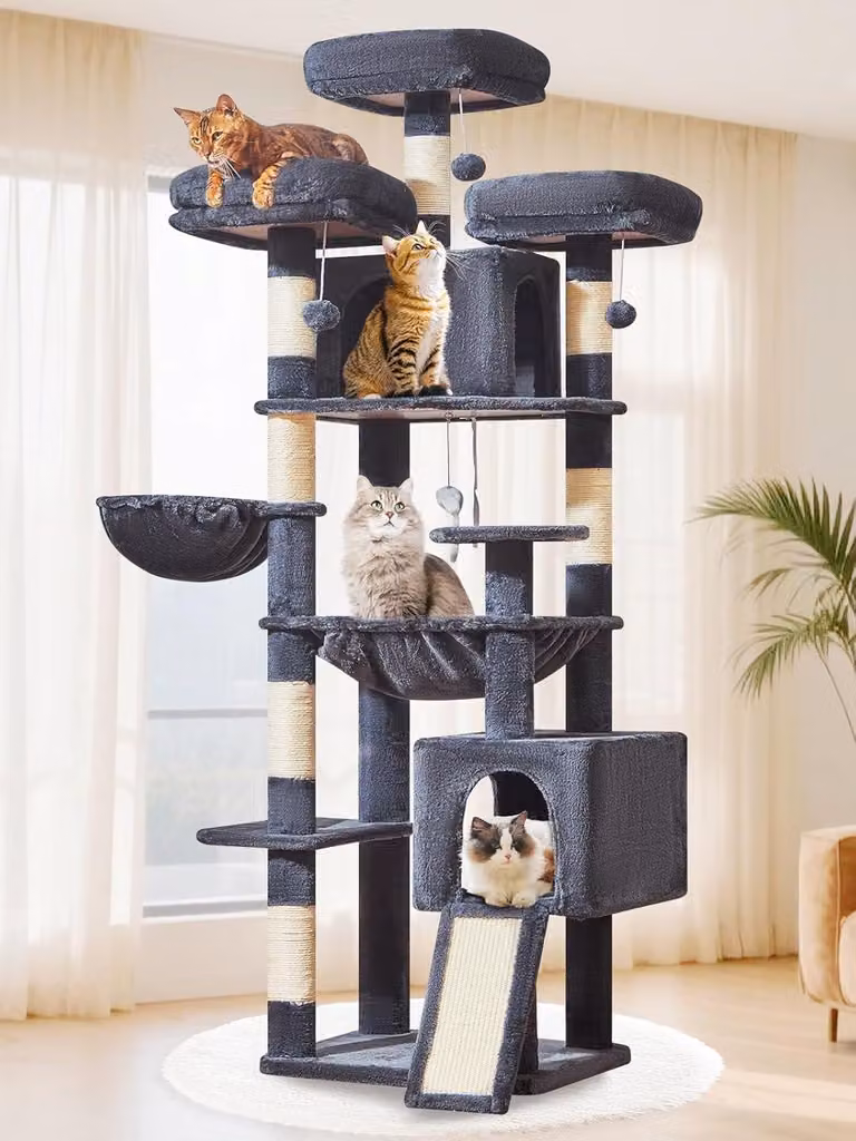 Albero per gatti Kratzbaum XXL, altezza 193 cm, con 7 pali per graffiare, 3 piattaforme, 2 rifugi, dotato di amaca, per gatti