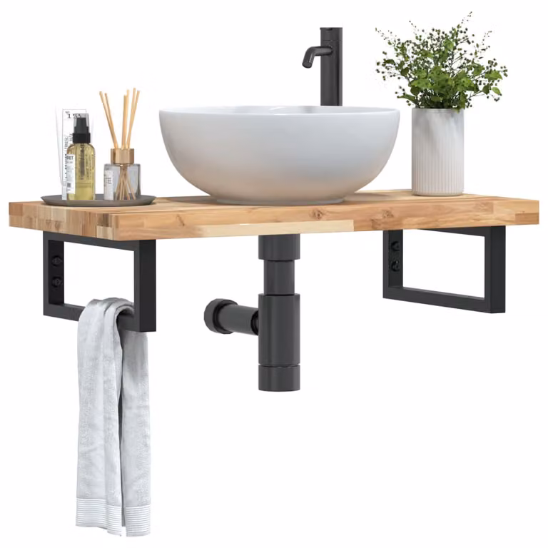 vidaXL Ripiano a Parete per Lavabo in Acciaio e Legno di Acacia, Nero e Marrone, L: 40 cm, P: 19 cm, H: 3 cm
