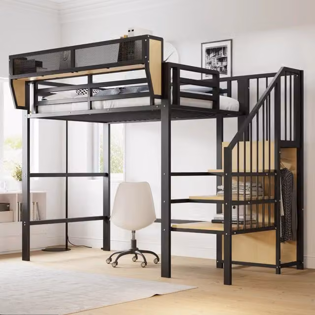 Letto a soppalco 90x200 in metallo nero con scala di sicurezza e ripiano regolabile