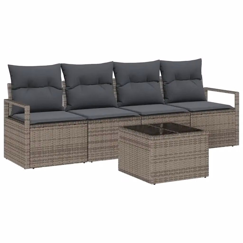 Set di divani da giardino vidaXL a forma di U in rattan grigio con cuscini e tavolino, composto da 5 pezzi – 2