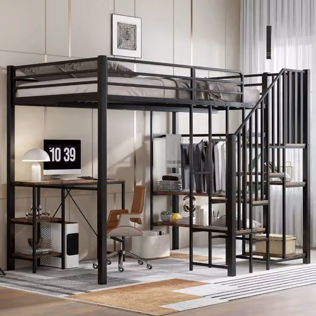 Letto a soppalco 120 × 200 cm con scrivania, scaffali, guardaroba aperto e scala contenitore, senza materasso