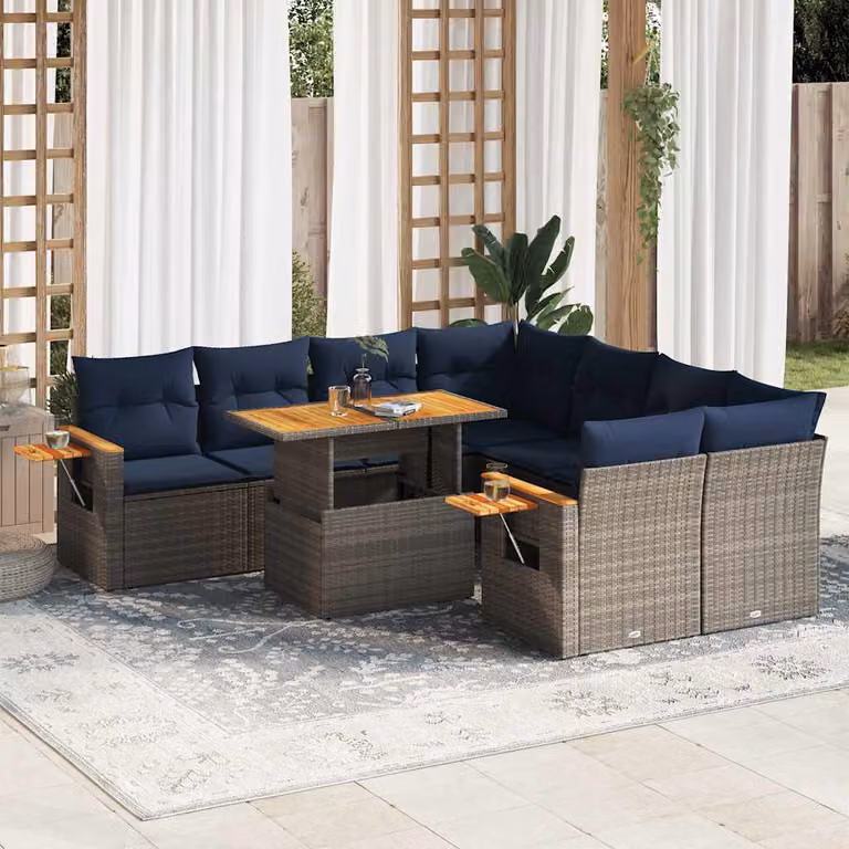 Set Divano da Giardino vidaXL 9 pz a Forma a L con Cuscini Grigio e Blu in Polyrattan e Acciaio