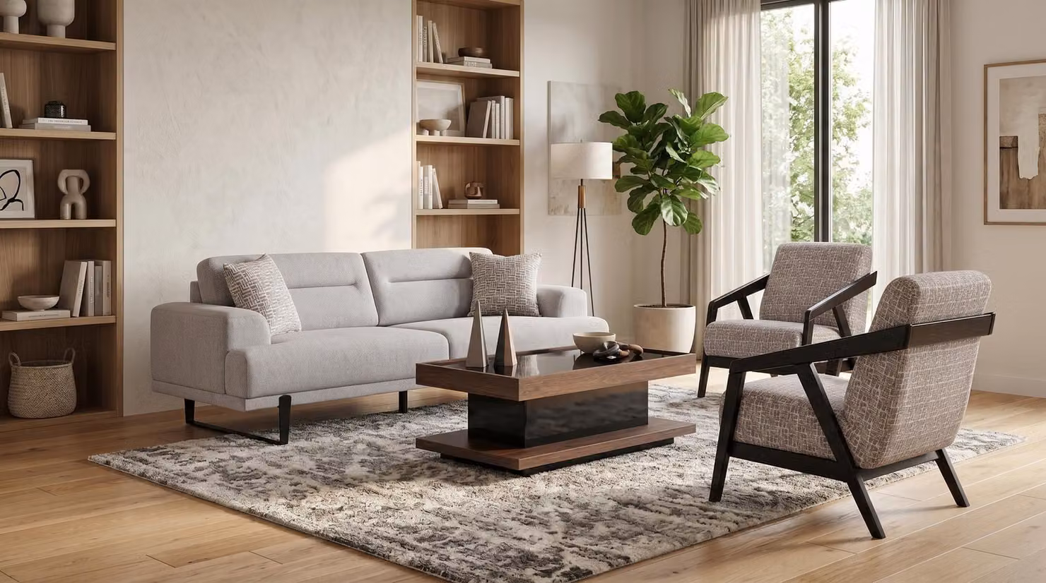 Set divano con poltrona e tavolino, colore grigio, design moderno per soggiorno