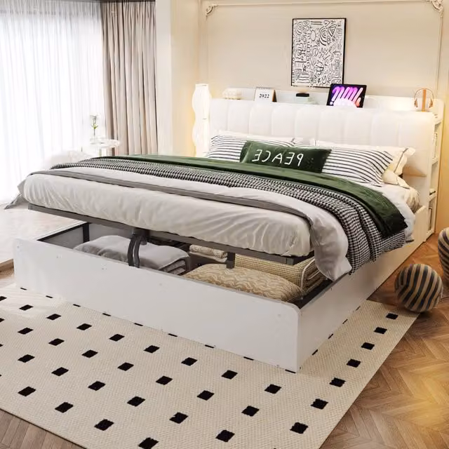 Letto contenitore 180 × 200 cm con testiera con ripiani, USB e luce notturna, senza materasso, in legno bianco