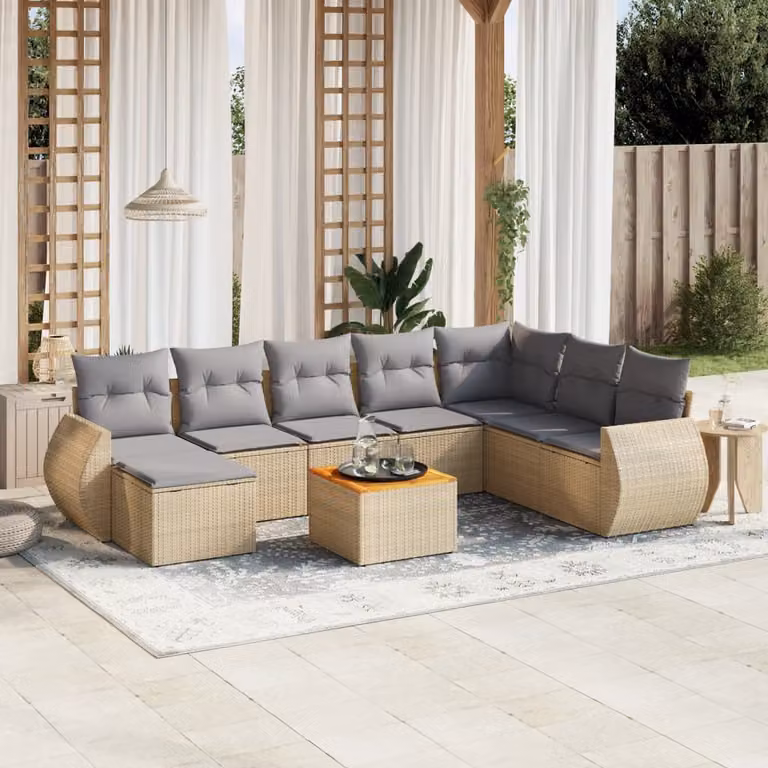 vidaXL Set Divano da Giardino 9 pz a L in Polyrattan Beige con Cuscini e Tavolino