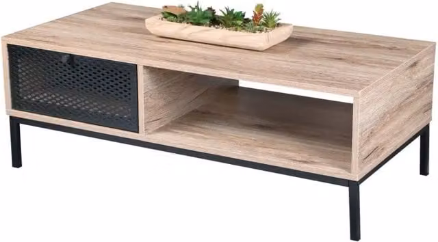 Tavolino basso rettangolare in legno e metallo con cassetto traforato e scomparto Collezione METALIX Meublorama L/P/H: 100 x 50 x 36 cm